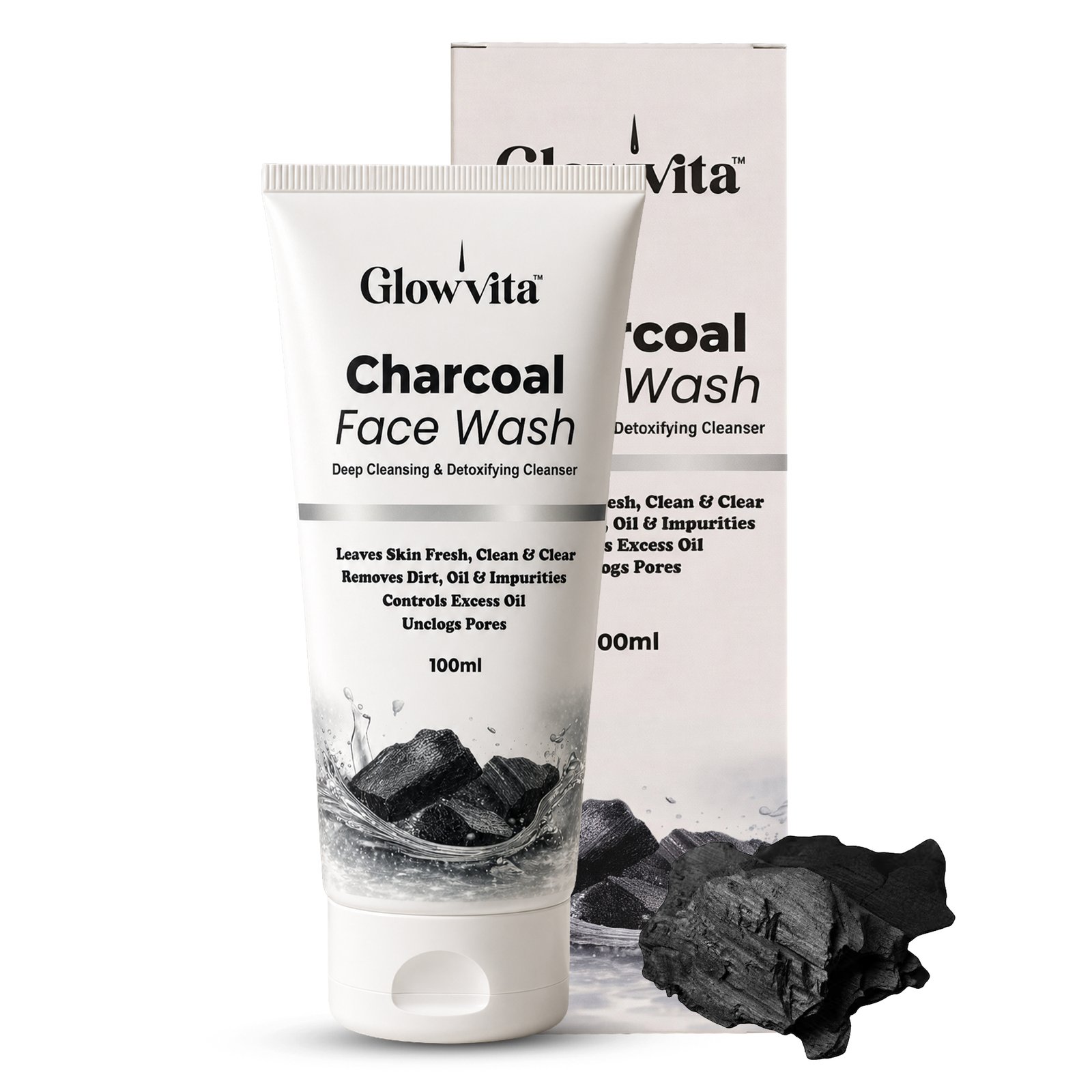2 copy 2 Glowvita Charcoal Face Wash – Deep Cleansing & Detoxifying Cleanser with Activated Charcoal, Neem, Tea Tree & Herbal Extracts (100ml) - Image 1