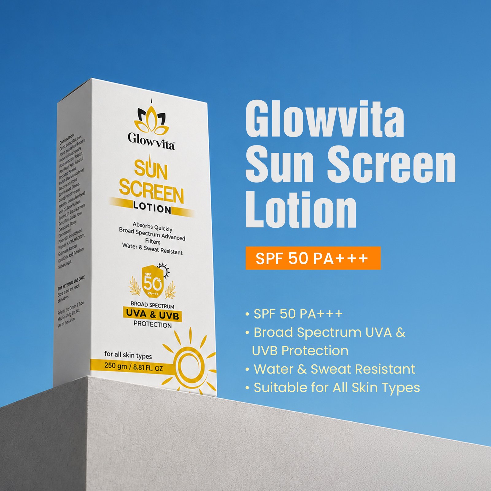2 copy Glowvita Sun Screen Lotion – Broad Spectrum SPF 50 PA+++ Protection, Water & Sweat Resistant Daily Sunscreen (250 gm / 8.81 FL. OZ) - Image 1