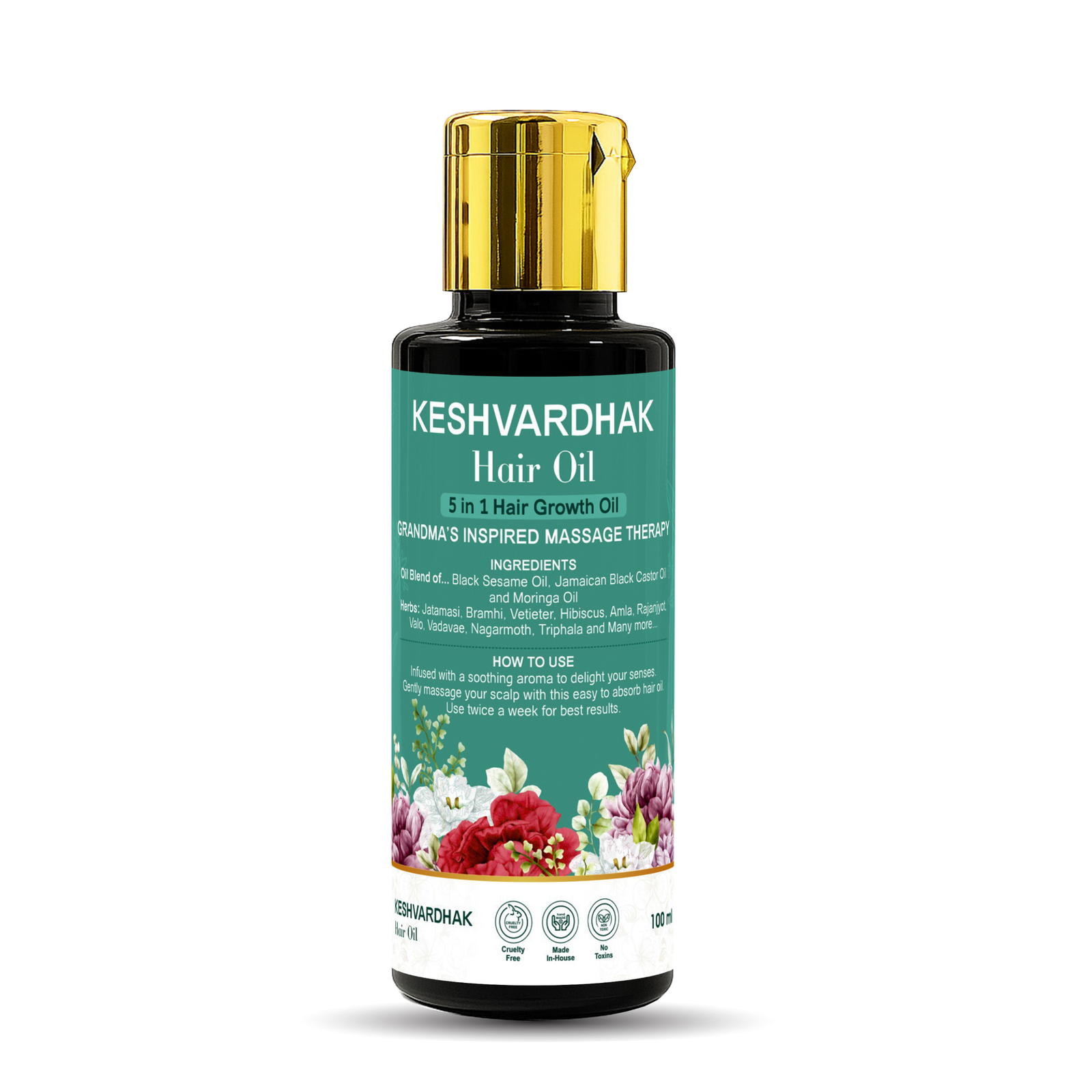 Untitled design (67) Keshvardhak 5-in-1 Natural Hair Growth Oil - Grandma's Inspired Ayurvedic Massage Therapy with Black Sesame, Jamaican Black Castor, Moringa, Hibiscus & Amla (100 ml) - Image 1